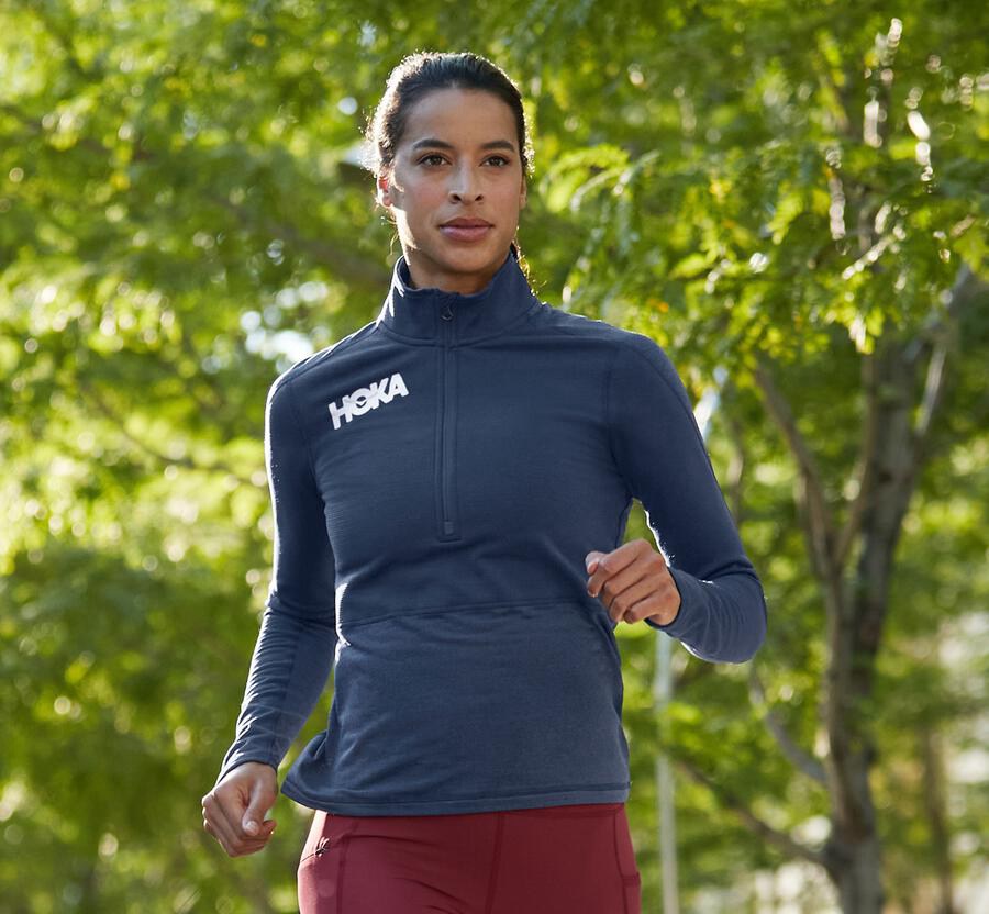 Tops Womens - Hoka One One 1/2 Zip Midlayer - Navy - IJHOCMU-85